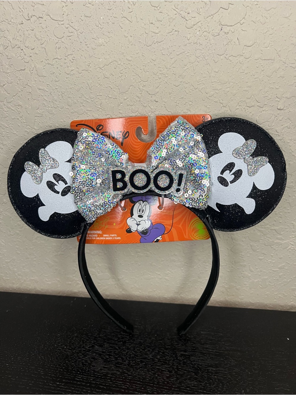 NEW Disney Halloween Minnie Mouse Silver Sequin Bow and "BOO!" Ears Headband